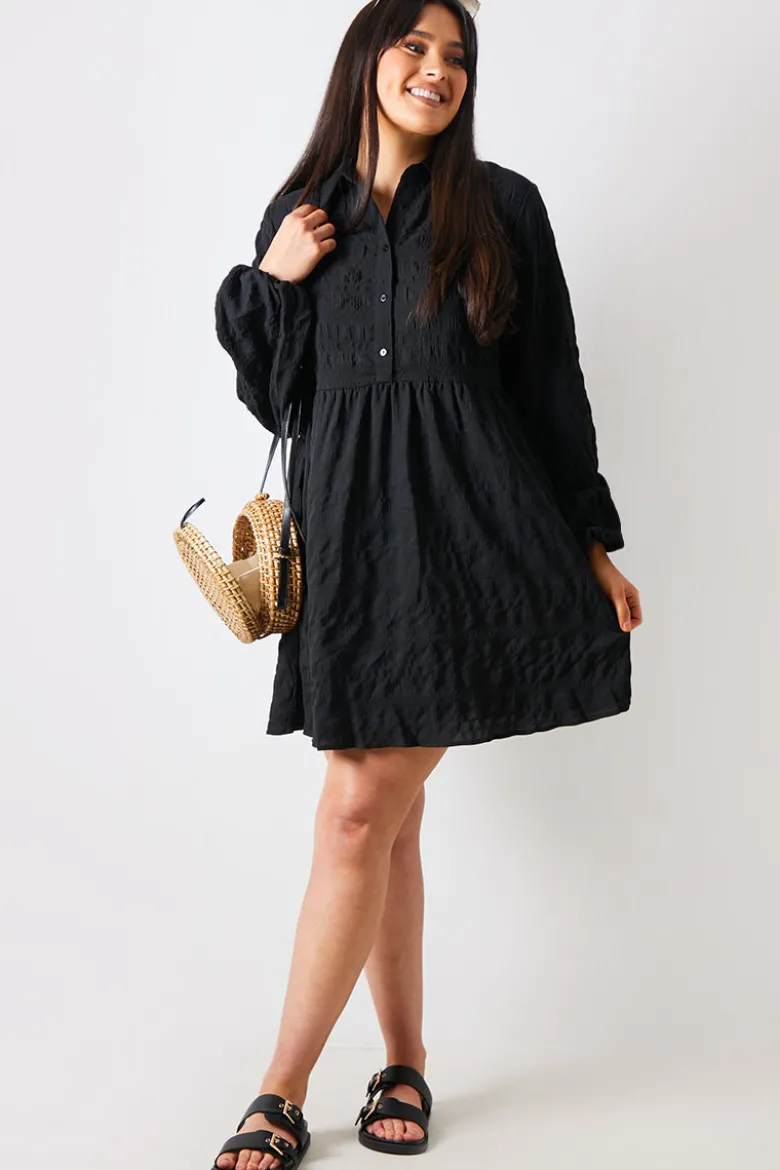 Textured Button Through Collared Smock Dress