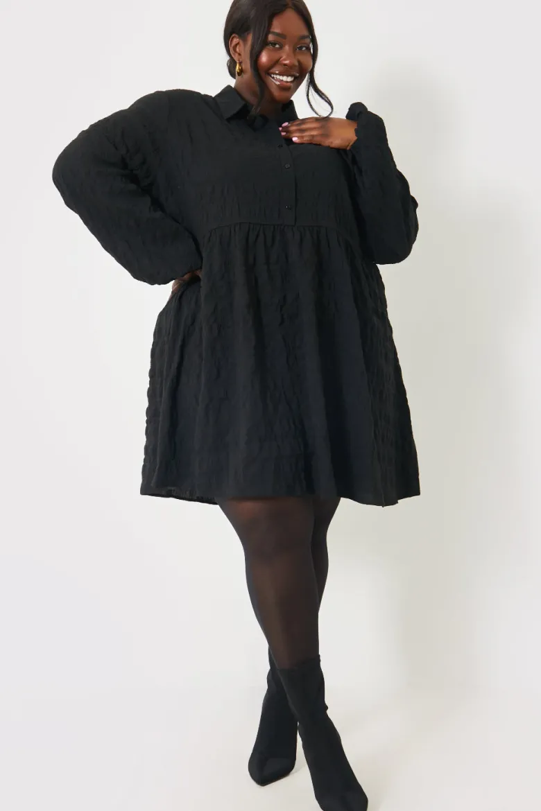 Textured Button Through Collared Smock Dress