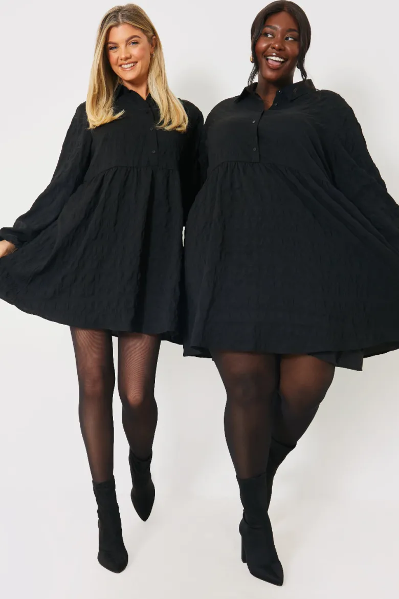 Textured Button Through Collared Smock Dress