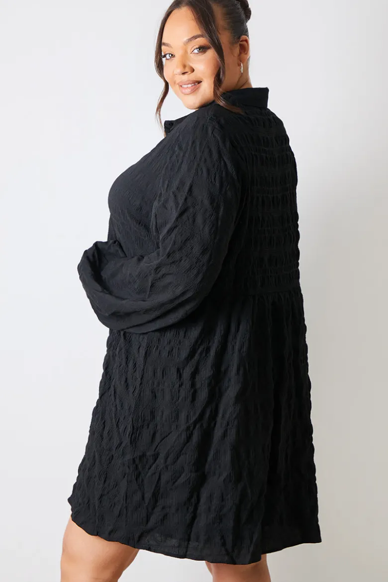 Textured Button Through Collared Smock Dress