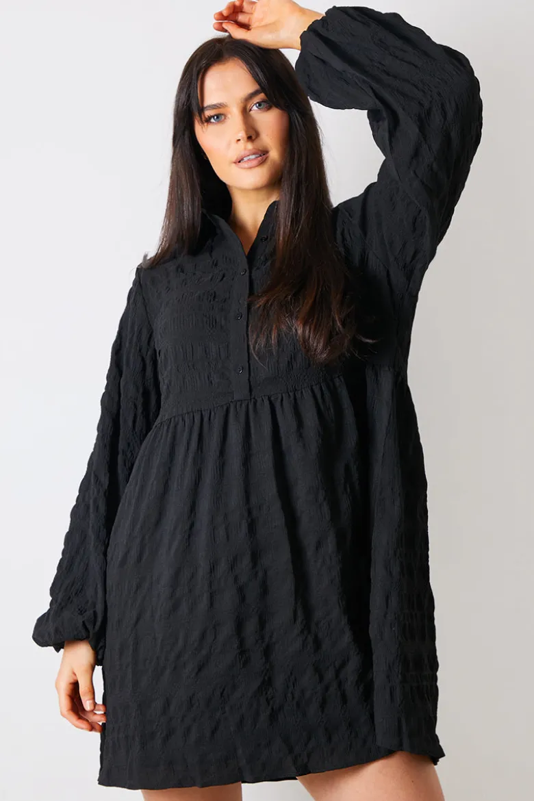 Textured Button Through Collared Smock Dress
