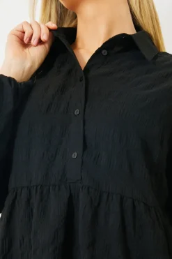 Textured Button Through Collared Smock Dress