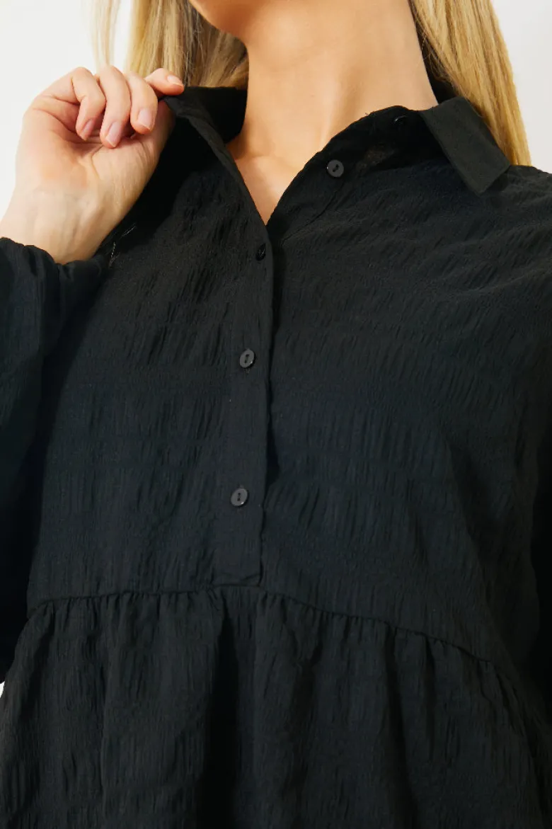 Textured Button Through Collared Smock Dress