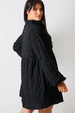 Textured Button Through Collared Smock Dress