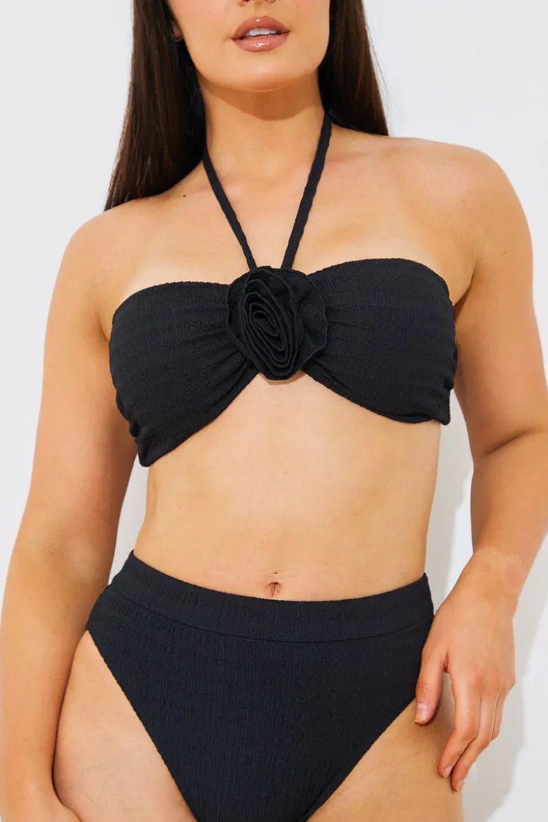 Textured Corsage Halter Neck Bikini Top