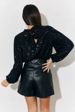Tie Bow Back Sequin High Neck Blouse with Balloon Sleeve