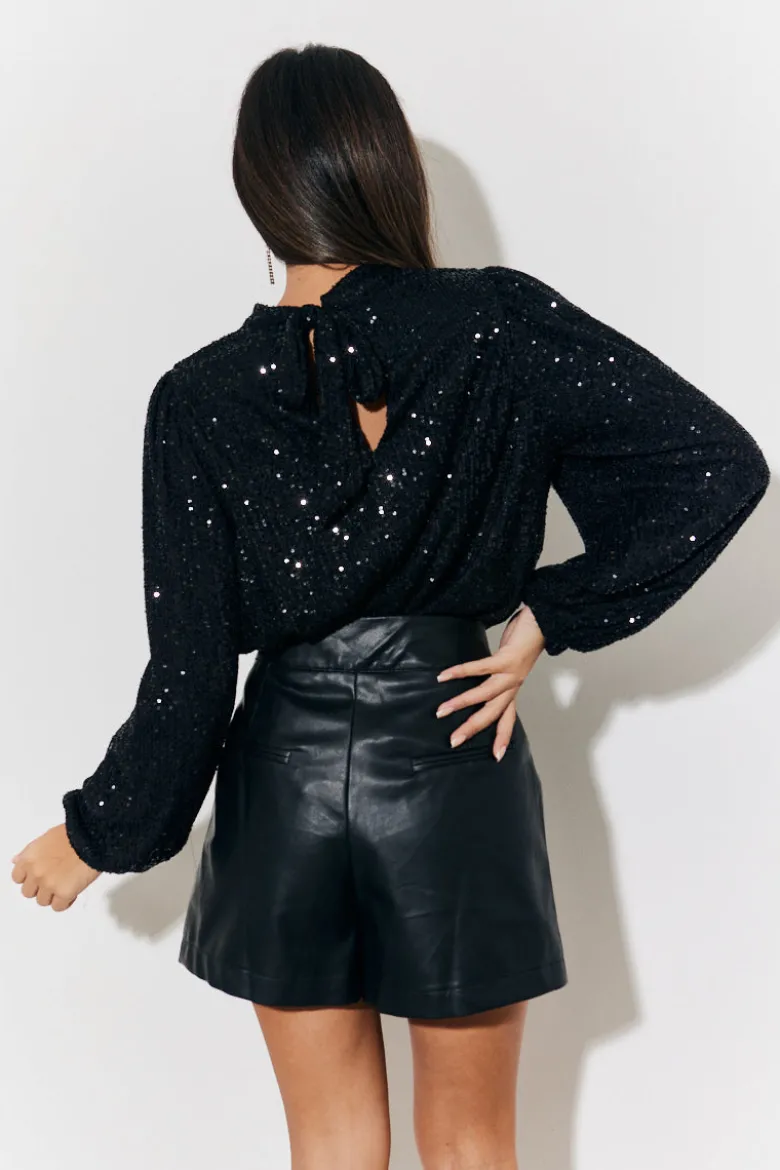 Tie Bow Back Sequin High Neck Blouse with Balloon Sleeve