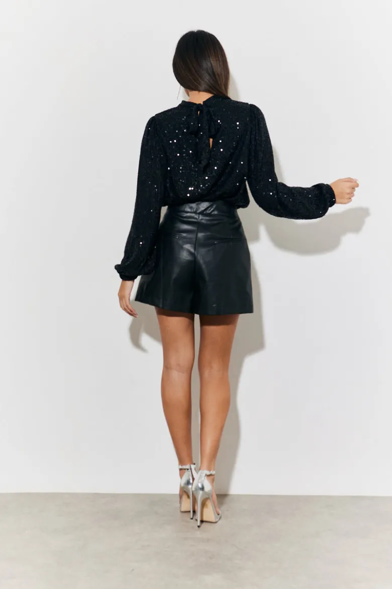 Tie Bow Back Sequin High Neck Blouse with Balloon Sleeve