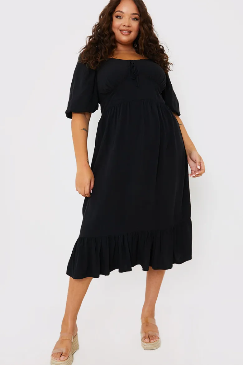 Tie Front Sweerheart Puff Sleeve Midi Dress