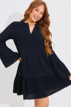 Trim Detail Tiered Long Sleeve Smock Dress