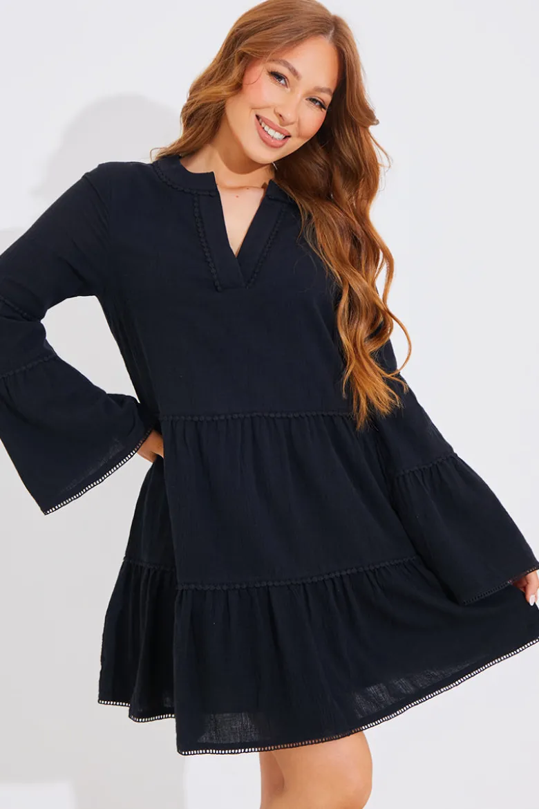 Trim Detail Tiered Long Sleeve Smock Dress
