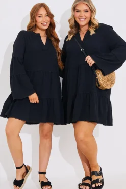 Trim Detail Tiered Long Sleeve Smock Dress
