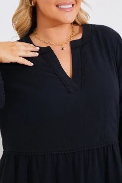 Trim Detail Tiered Long Sleeve Smock Dress