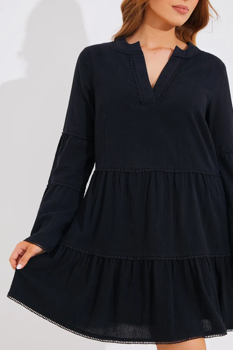 Trim Detail Tiered Long Sleeve Smock Dress