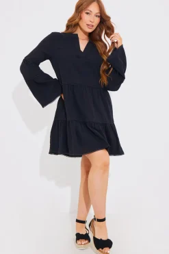 Trim Detail Tiered Long Sleeve Smock Dress