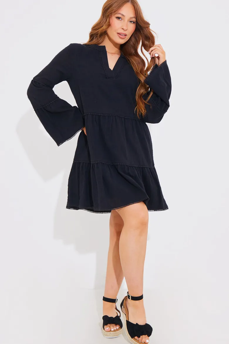 Trim Detail Tiered Long Sleeve Smock Dress