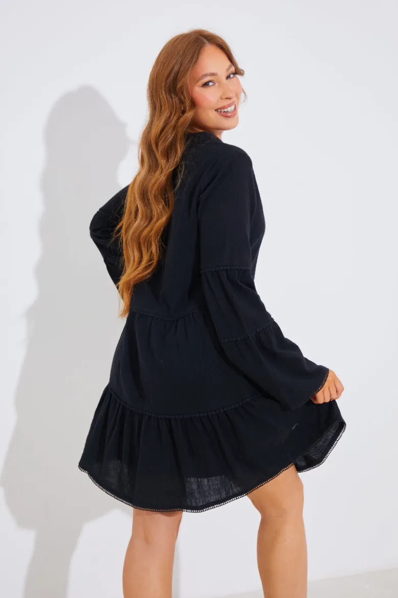 Trim Detail Tiered Long Sleeve Smock Dress