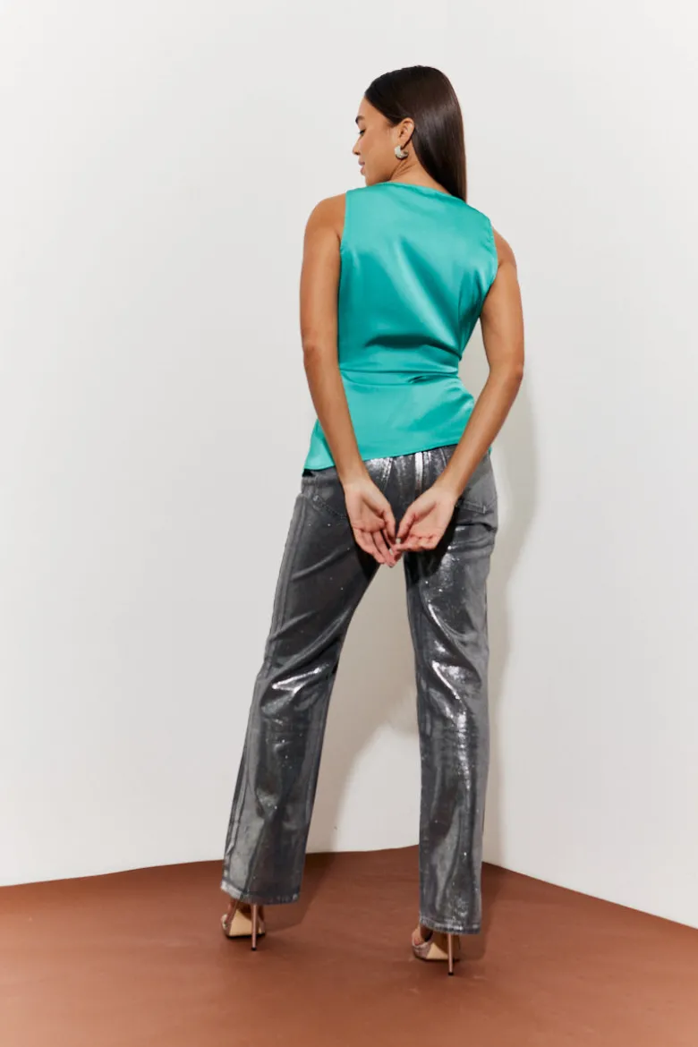 Twisted Detail Cowl Neck Satin Top