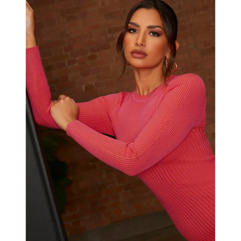 Two Tone Rib Shoulder Pad Knitted Midi Dress in Pink