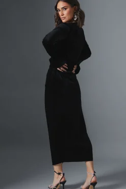 Velvet Asymmetric Midi Dress With Flared Cuff