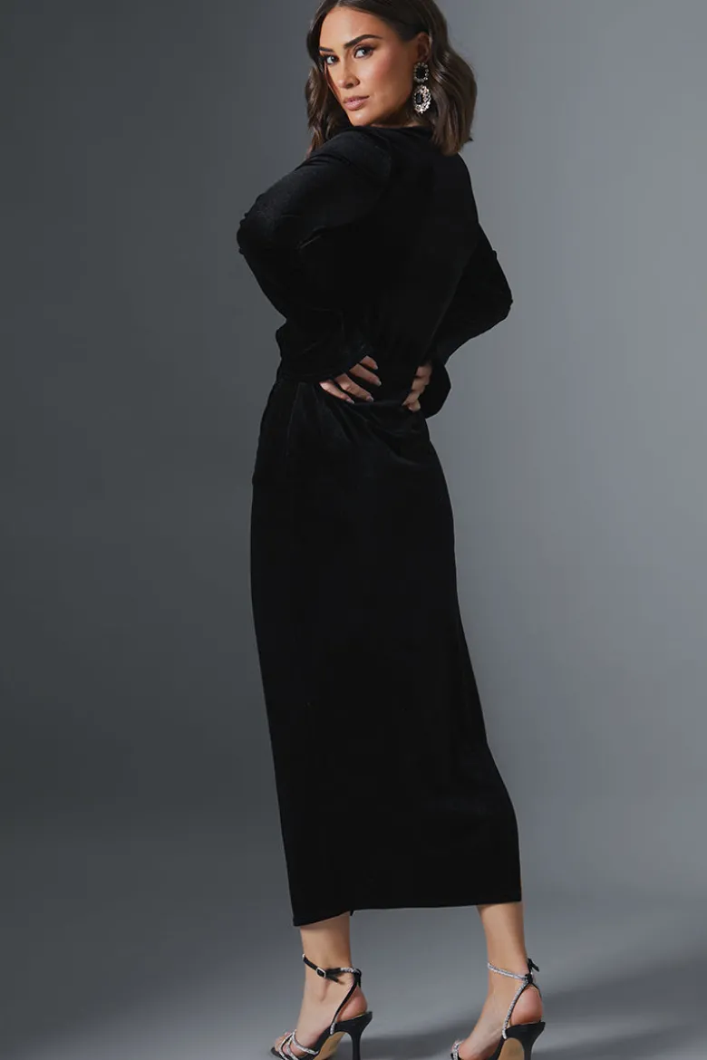 Velvet Asymmetric Midi Dress With Flared Cuff