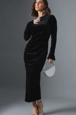 Velvet Asymmetric Midi Dress With Flared Cuff