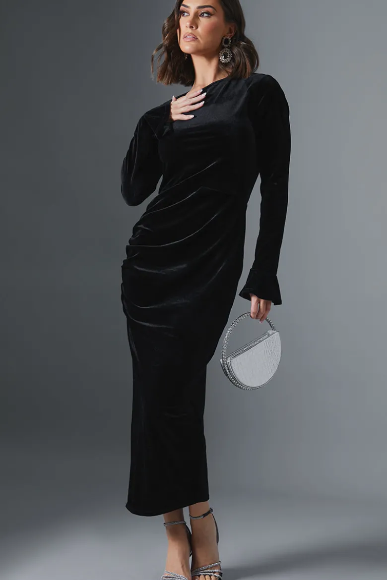 Velvet Asymmetric Midi Dress With Flared Cuff
