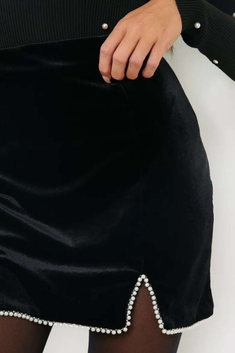 Velvet Faux Pearl Mini Skirt