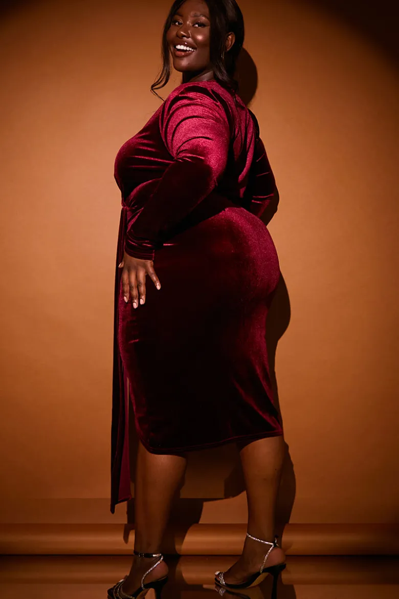 Velvet Wrap Front Drape Midi Dress