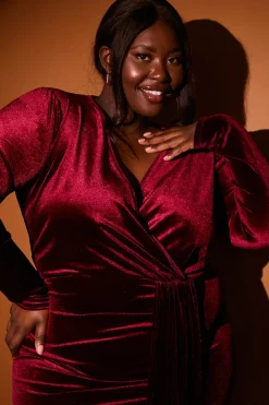 Velvet Wrap Front Drape Midi Dress