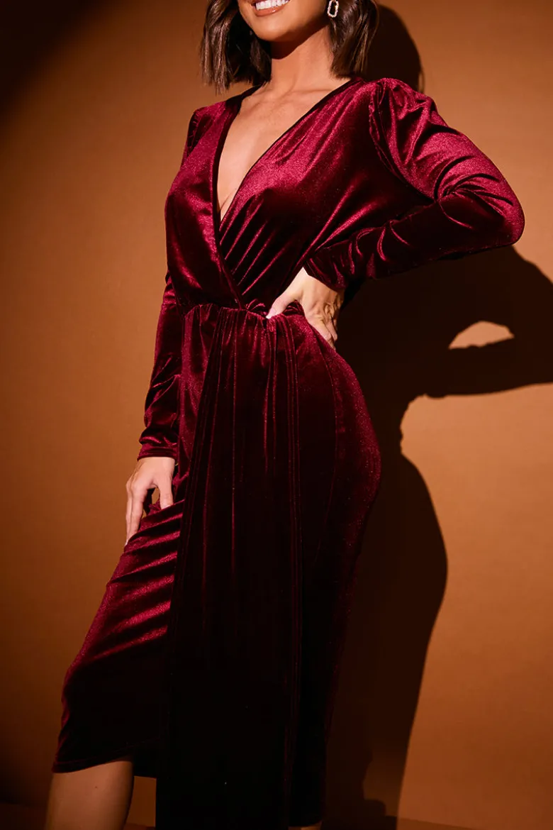 Velvet Wrap Front Drape Midi Dress