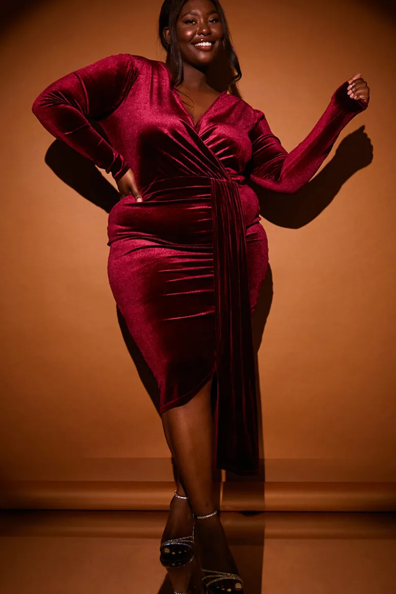 Velvet Wrap Front Drape Midi Dress
