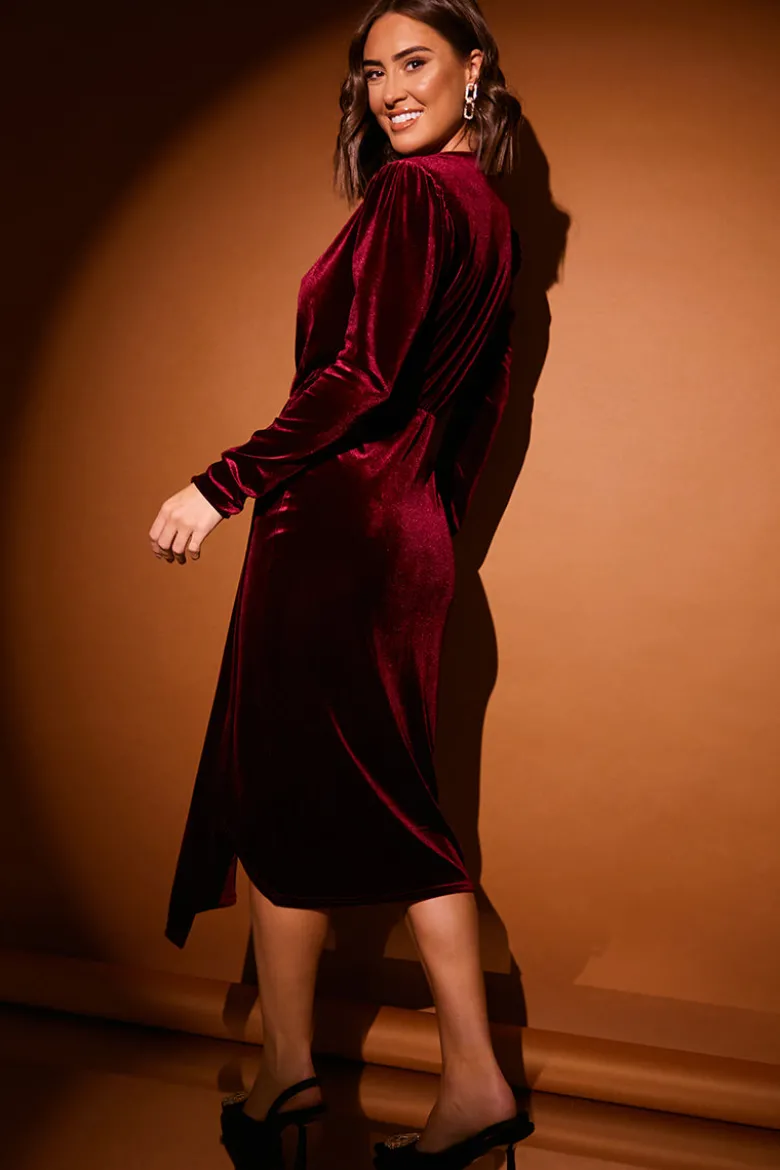 Velvet Wrap Front Drape Midi Dress
