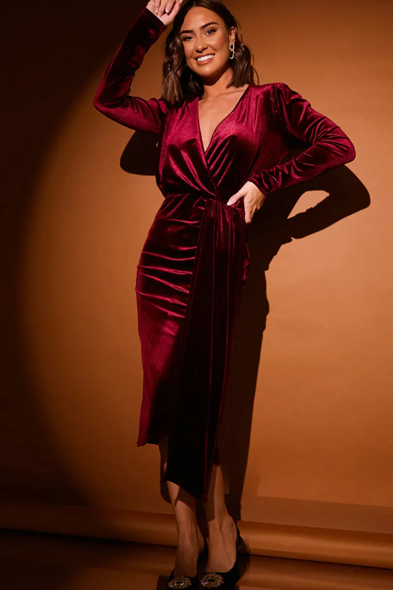 Velvet Wrap Front Drape Midi Dress