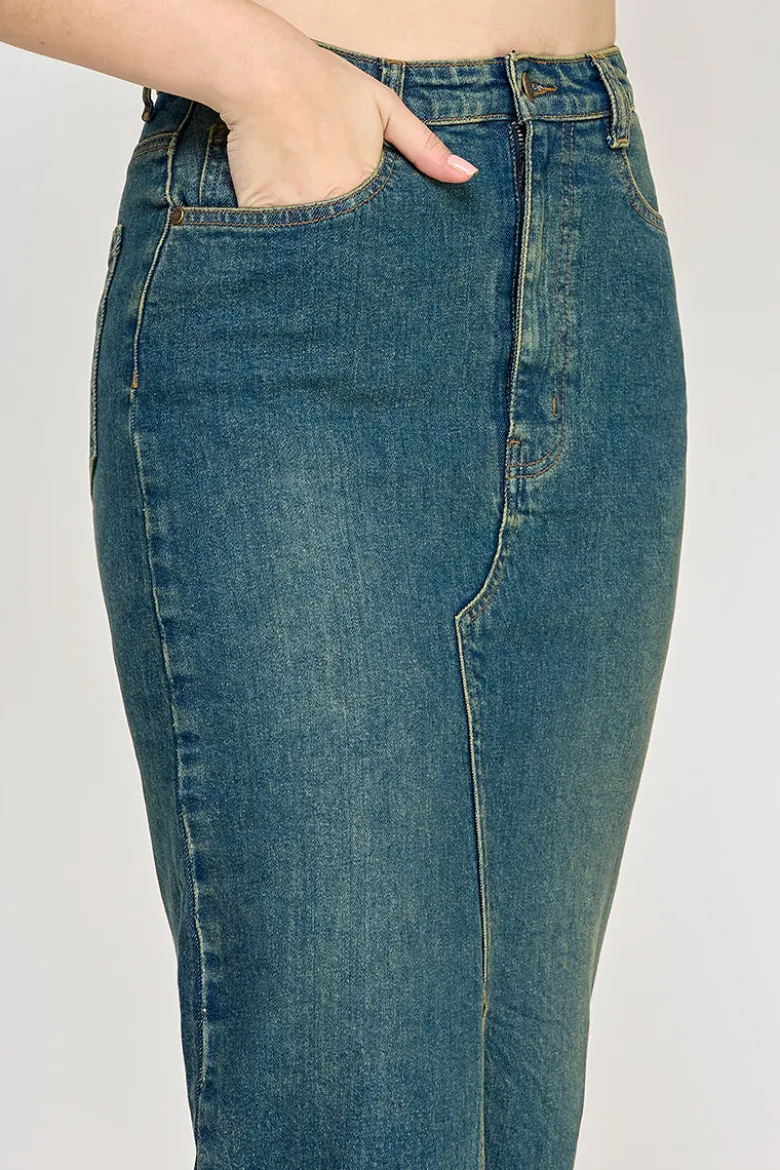 Vintage Wash Split Detail Denim Maxi Skirt