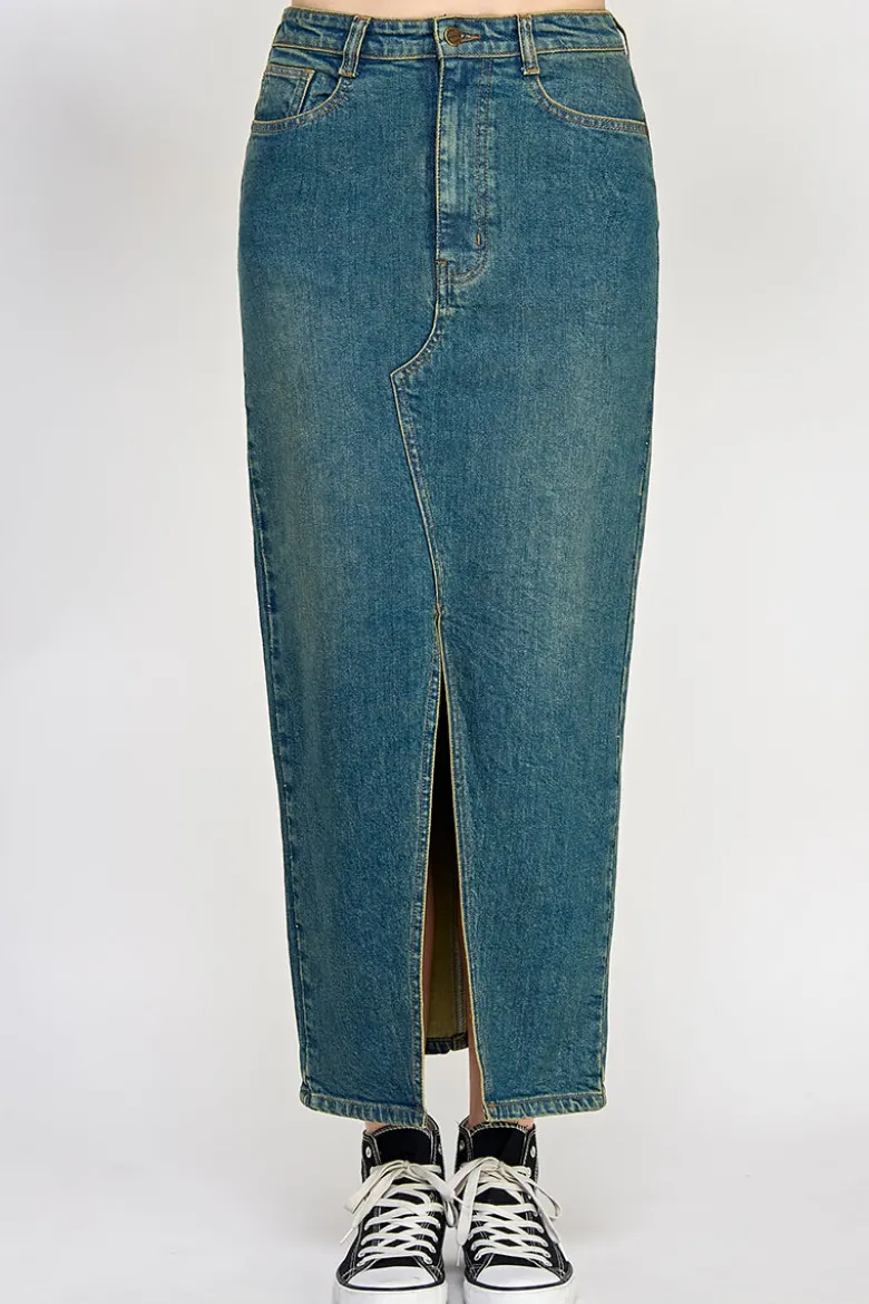 Vintage Wash Split Detail Denim Maxi Skirt