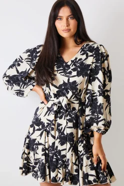 V Neck Balloon Sleeve Godet Mini Dress