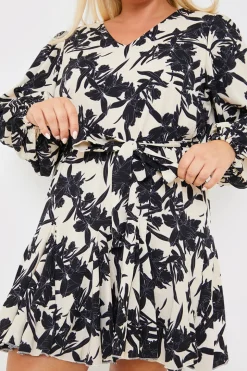 V Neck Balloon Sleeve Godet Mini Dress