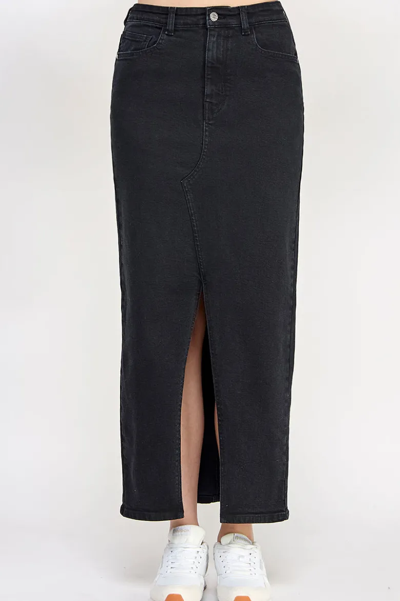 Washed Split Detail Denim Maxi Skirt