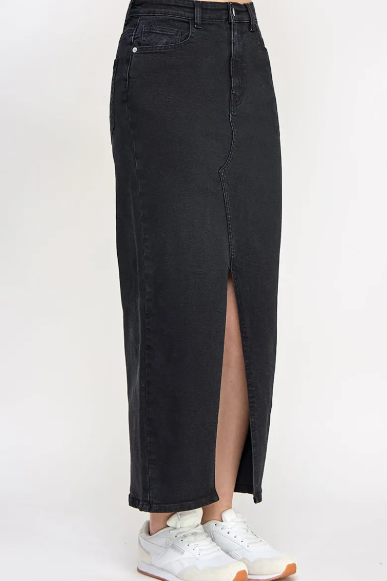 Washed Split Detail Denim Maxi Skirt