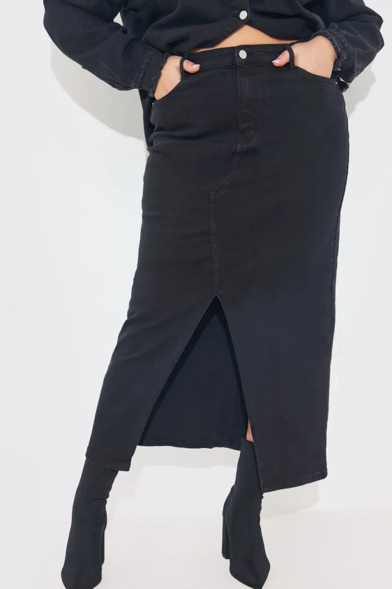 Washed Split Detail Denim Maxi Skirt