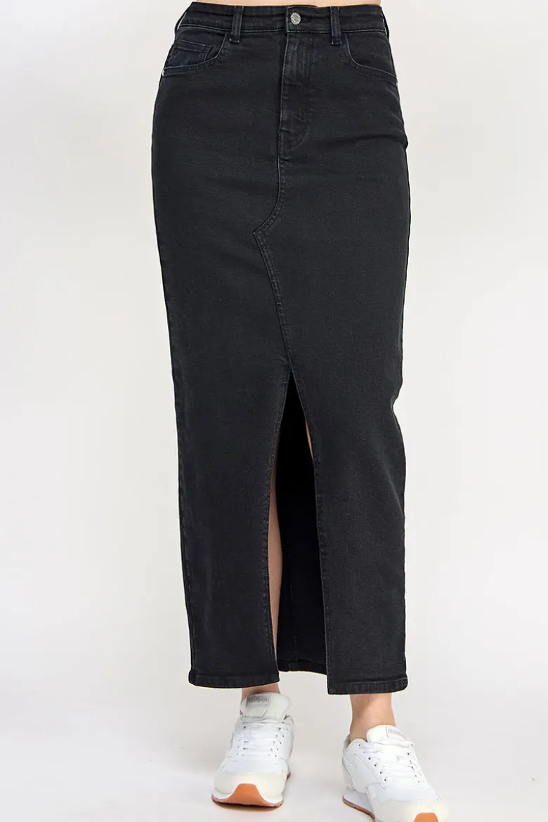 Washed Split Detail Denim Maxi Skirt