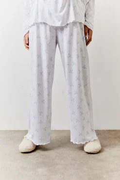 White Bow Print Long Sleeve Top and Trouser PJ Set