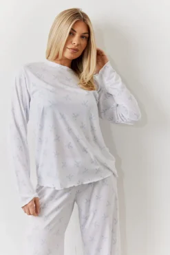 White Bow Print Long Sleeve Top and Trouser PJ Set