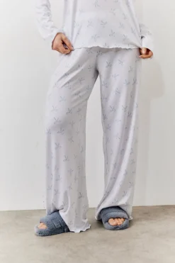 White Bow Print Long Sleeve Top and Trouser PJ Set