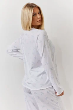 White Bow Print Long Sleeve Top and Trouser PJ Set