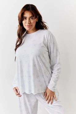White Bow Print Long Sleeve Top and Trouser PJ Set