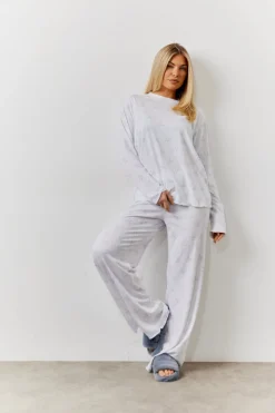 White Bow Print Long Sleeve Top and Trouser PJ Set