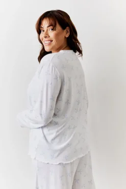 White Bow Print Long Sleeve Top and Trouser PJ Set