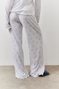 White Bow Print Long Sleeve Top and Trouser PJ Set